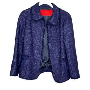 Carolina Herrera Jacket Womens Size 6 Navy Blue Boucle Tweed Hook Eye Bow Trim